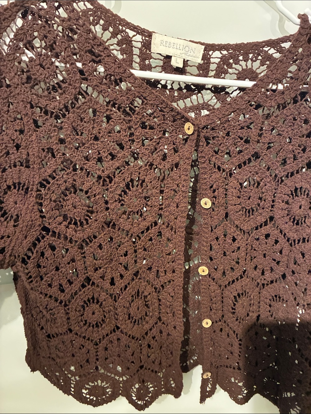 Rebellion Brown Crochet Button-Front Cardigan